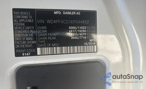 2019 Mercedes-Benz Sprinter 3500/4500 z USA, uszkodzony, nr VIN WD4PF4CD1KP044852